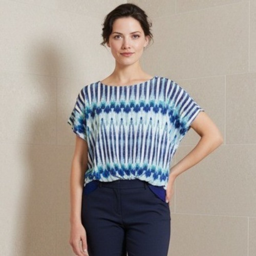 Chico's 2 Blues Vivid Stripe Watercolor‎ Lined Blouse Top SS Boat Neck Large